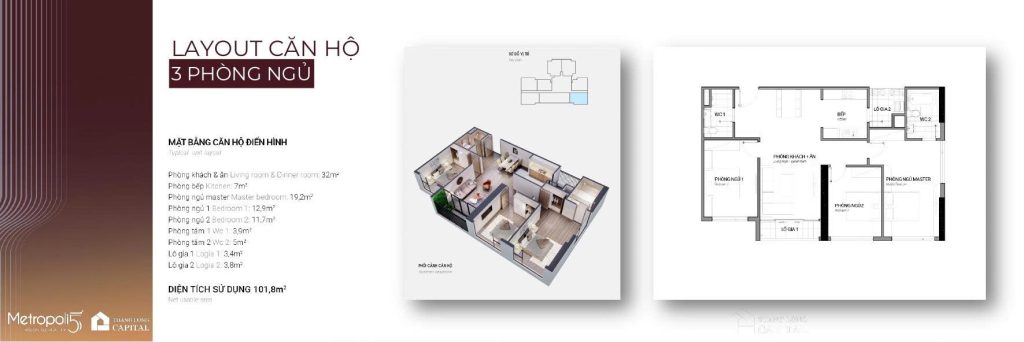 căn hộ 3 phòng ngủ 101,8m2