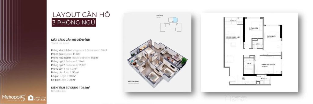 căn hộ 3 phòng ngủ 106,8m2