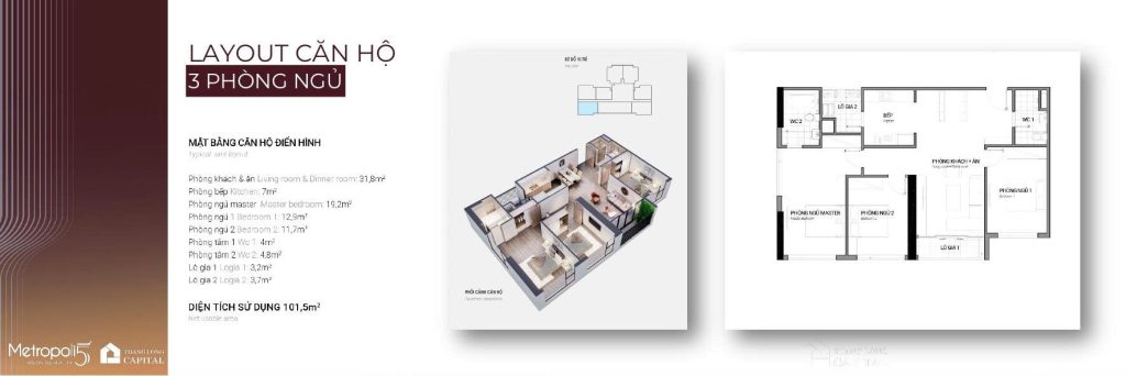 căn hộ 3 phòng ngủ 101,5m2