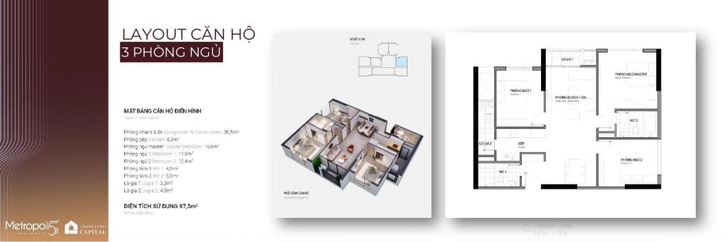 căn hộ 3 phòng ngủ 97,5m2