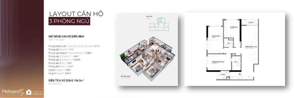 căn hộ 3 phòng ngủ 106,5m2